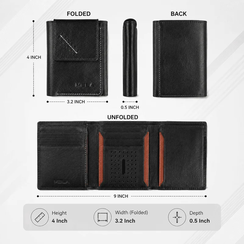 3 Fold Compact Leather Wallet for Men Black